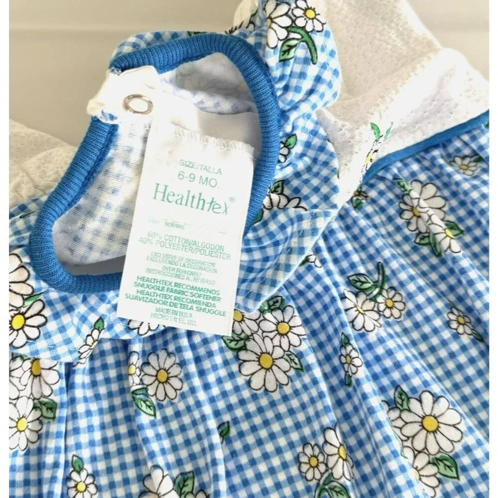 Vtg 90s Healthtex Baby Girls 6-9M Bubble Romper Daisy Flower Blue Gingham USA